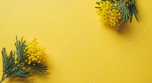 Vibrant yellow mothers day background with fresh mimosa flowers decoration