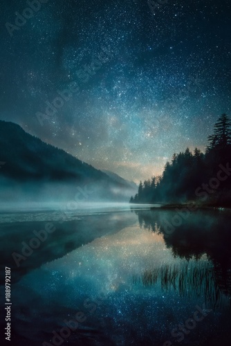 Wallpaper Mural Still lake reflecting a star-filled night sky, subtle moonlight glow, soft fog hovering above the water, dreamlike silence, cinematic wide shot, ultra-detailed fine art Torontodigital.ca