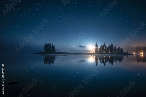 Wallpaper Mural Still lake reflecting a star-filled night sky, subtle moonlight glow, soft fog hovering above the water, dreamlike silence, cinematic wide shot, ultra-detailed fine art Torontodigital.ca