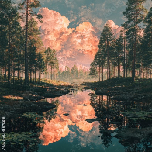Wallpaper Mural Surreal nature dreamscape combining forest, water and sky, harmonious colors, calm magical atmosphere, cinematic lighting, timeless fine art aesthetic  Torontodigital.ca