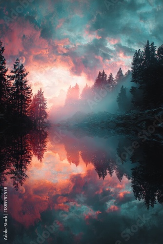 Wallpaper Mural Surreal nature dreamscape combining forest, water and sky, harmonious colors, calm magical atmosphere, cinematic lighting, timeless fine art aesthetic  Torontodigital.ca