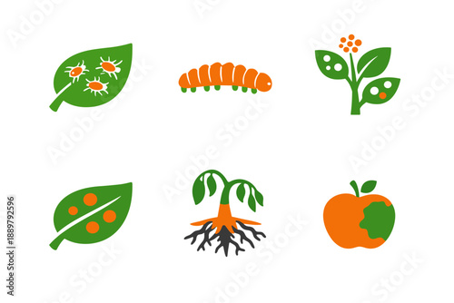 Set of garden pest and plant health icons showing diseased leaves, caterpillar larva, infected seedling roots, berry stem, and bitten fruit in flat style