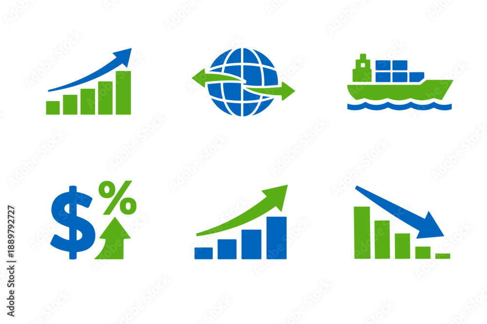 Fototapeta premium Set of six blue and green business finance icons showing growth charts, global exchange, cargo shipping, currency, and declining performance statistics
