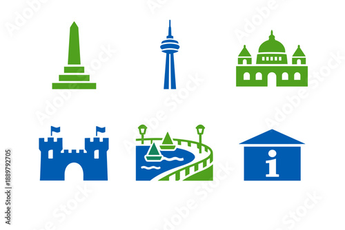 Set of simple landmark and tourist information icons including monument, tower, cathedral, castle, park walkway, and visitor center symbol