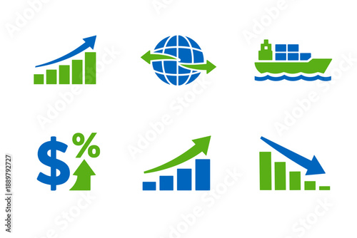 Set of six blue and green business finance icons showing growth charts, global exchange, cargo shipping, currency, and declining performance statistics