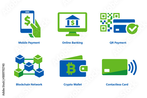 Set of digital finance and payment icons showing mobile payment, online banking, QR code payment, blockchain network, crypto wallet, and contactless card