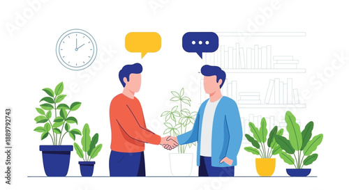 Two individuals are shaking hands in an office setting. Speech bubbles indicate conversation. Green potted plants and bookshelves decorate the background.