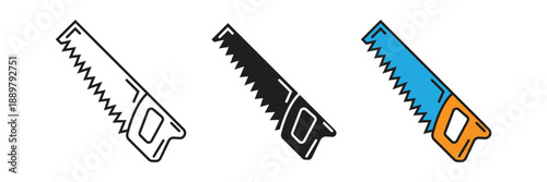 Hand saw vector icons for carpentry, woodworking, and timber cutting industry, suitable for workshop manuals and industrial hardware graphic design.