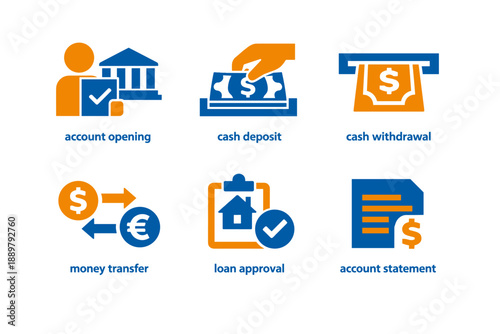 Set of banking service icons showing account opening, cash deposit and withdrawal, money transfer, loan approval, and account statement in blue and orange