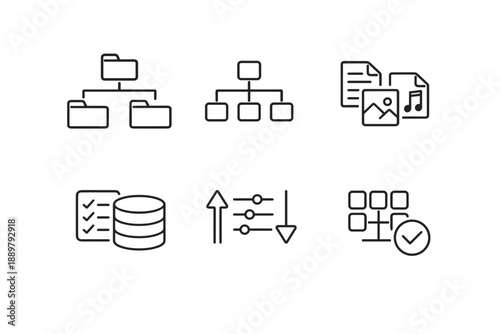 Minimal line icons set for workflow, hierarchy, file attachments, database checklist, sorting controls, and approval status in an interface dashboard