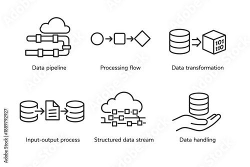 Minimal black line icons illustrating data pipeline, processing flow, transformation, input-output process, structured data stream, and data handling concepts