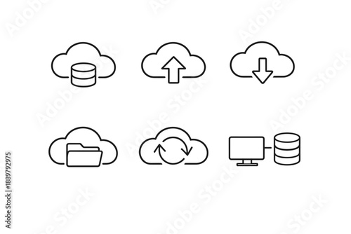 Minimal line icons illustrating cloud storage, database, upload, download, file folder, synchronization, and local computer server connection services