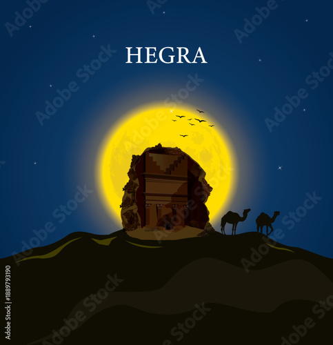 Hegra, an Ancient City in Saudi Arabia Untouched for Millennia. Illustration.World Tourism Day