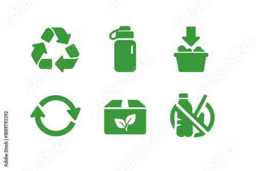 Set of green recycling and eco icons showing recycle symbol, reusable bottle, compost bin, circular arrows, eco box packaging, and no plastic sign