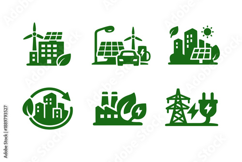 Green eco energy icon set showing solar panels, wind turbines, electric vehicle charging, recycling buildings, clean factory power, and grid electricity
