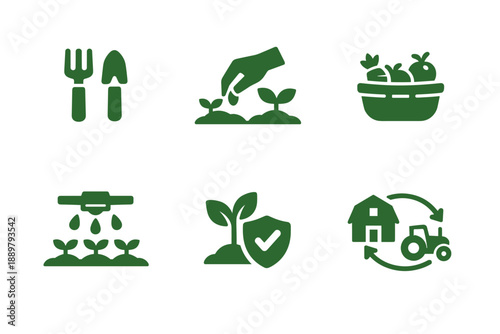 Set of green agriculture and sustainability icons featuring gardening tools, seedling planting, organic harvest, irrigation, eco protection, and farm cycle