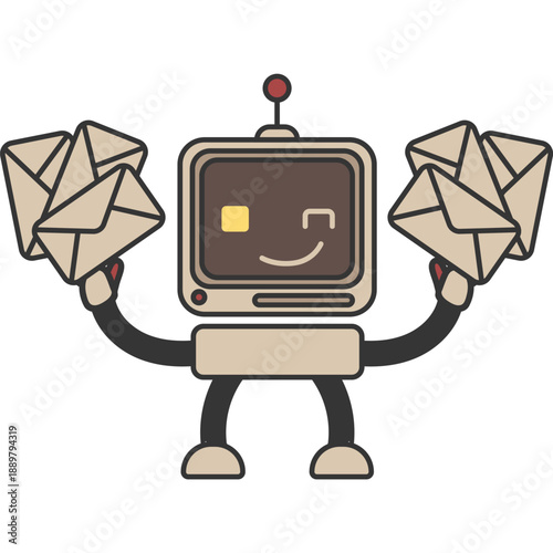 Sticker outline chat-bot with mails character. Ai robotic avatar retro style illustration