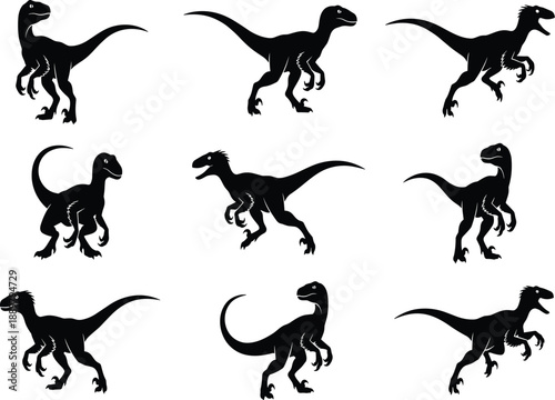 Dinosaur silhouettes, raptor dinosaurs, prehistoric animals, black vector icons, isolated, jurassic, wildlife, collection, set, illustration, graphic, design, reptiles, creatures, fossilsDinosaur