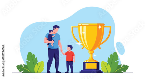 Illustration of a man holding a child and a larger child’s hand, standing beside a large golden trophy. Leaves decorate the base. The tone is joyful.