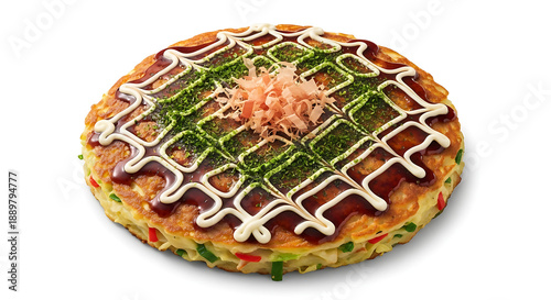 Close-up of delicious okonomiyaki with green onions and sauce