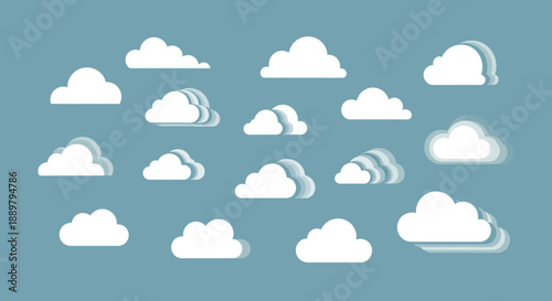 Minimalist sky scape: A collection of stylized clouds on a serene blue background