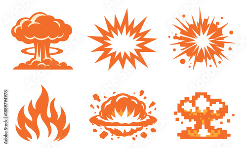 Dynamic cartoon style explosion and fire effects set featuring starbursts, mushroom clouds, and flame icons for game elements and alert signals