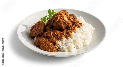 Indonesian culinary dish, rice with rendang served on a plate, White background