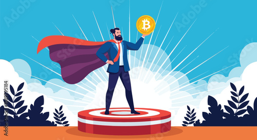 Illustration of a confident man in a suit with a red cape, holding a Bitcoin symbol aloft. He stands on a target platform, with a sunburst background and surrounding foliage.