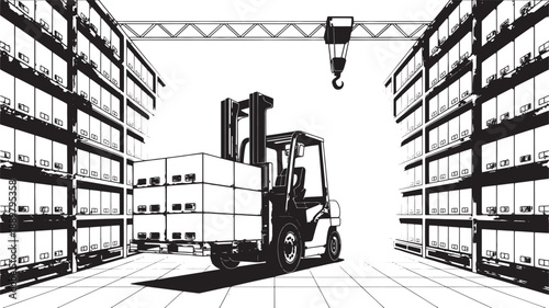 Forklift truck transports stacked cardboard boxes down a narrow aisle between tall shelving units inside a brightly lit warehouse interior.