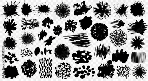 Abstract collection of black grunge vector shapes featuring assorted irregular forms