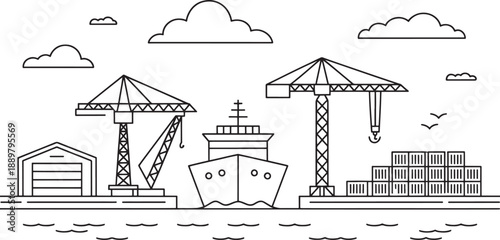 Outline drawing illustrates a busy commercial seaport featuring a large freighter vessel situated between tall loading cranes and stacked shipping containers.
