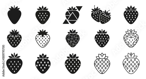 A collection of creative strawberry icons, demonstrating various styles and conceptual designs