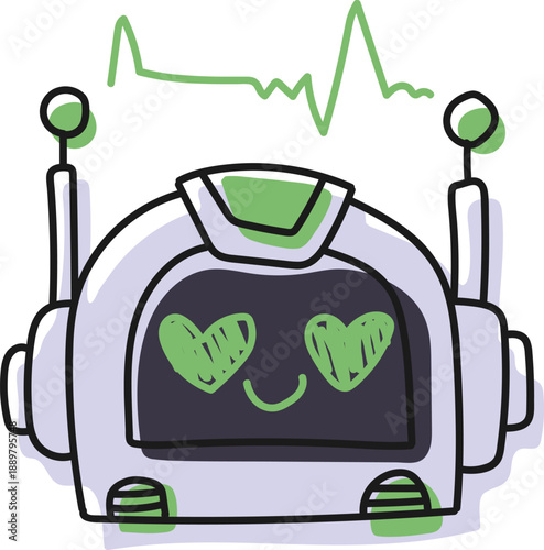 Sticker emoji chat-bot style face. Love emotion. Ai robotic avatar doodle style illustration