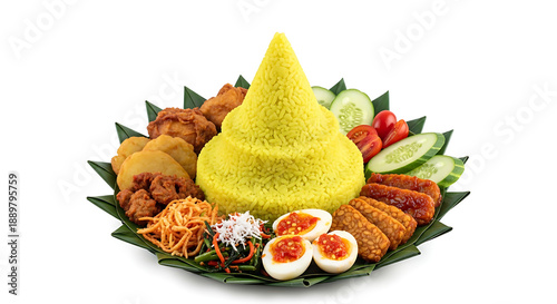 Traditional Indonesian rice cone (tumpeng mini) with side dishes arranged symmetrically, top-down studio shot, isolated on white