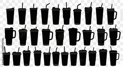 Silhouette assortment of disposable cups with straws and lids against a transparent background