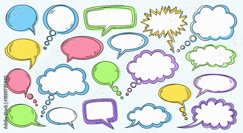 Whimsical speech and thought bubbles, hand-drawn in vibrant colors, floating on a serene