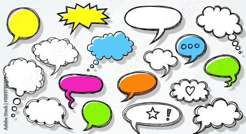 A vibrant collection of hand-drawn speech bubbles and thought balloons for creative communication