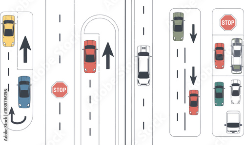 Diagram illustrating various legal lane markings and traffic flow maneuvers, including U-turns and stop sign locations, for driver education.
