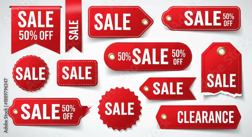 Collection of vibrant red sale and clearance tags with promotional offers for businesses