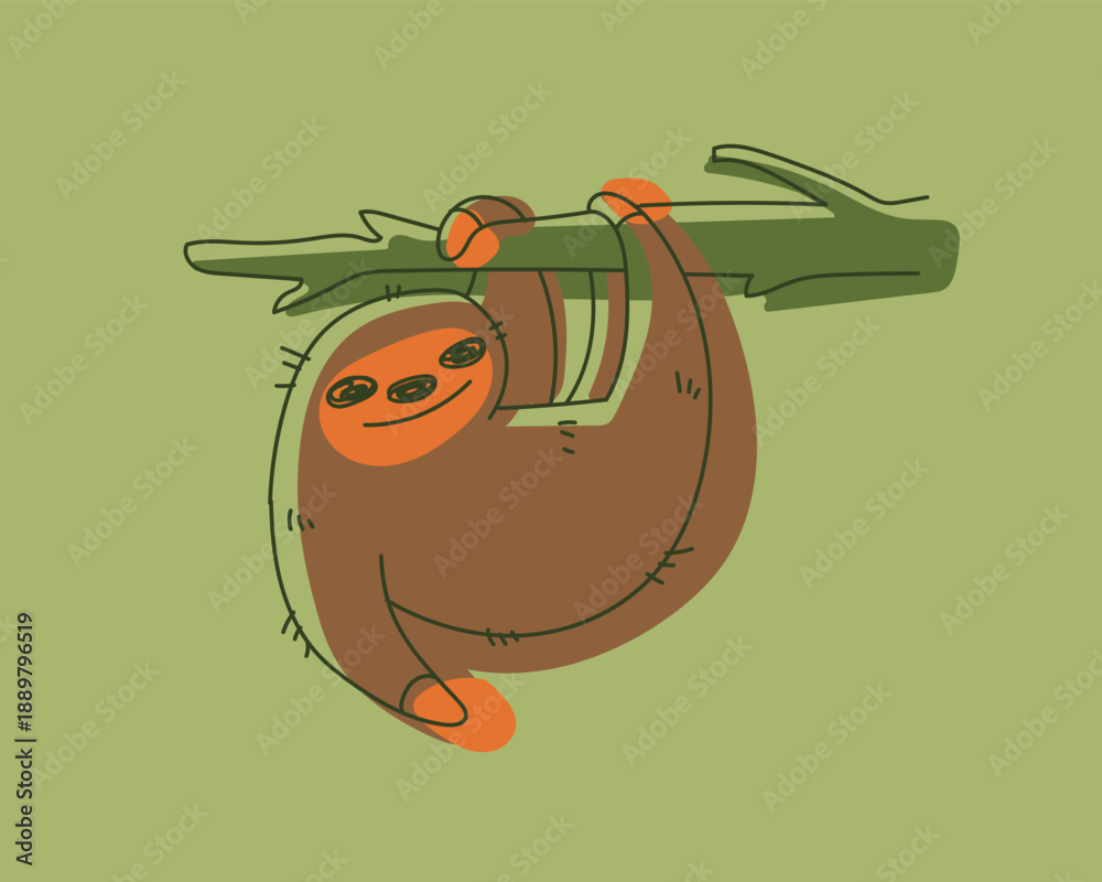 Fototapeta premium Green and brown cartoon outline sloth hanging from a tree. Wild animal life