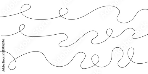 Thin squiggle line set. Wavy wiggle stripe. Curvy hread or yarn lines for decor, separate, divider. Tangled squiggly linear doodle shapes. Vector