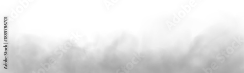Smoky, smoke curls above white clouds with puff effects on white background. Mist, steam and atmospheric phenomena create realistic fog, vapor, thunder, storm textures. High-resolution PNG vector.