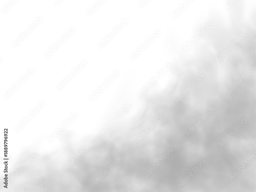 Fototapeta premium Gray smoke plumes drift over soft clouds with swirl, haze effects on white background. Mist, steam, atmospheric phenomena enhance realistic vapor, fog, thunder, storm patterns. Cutout PNG vector.