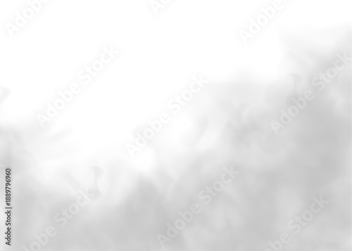 White smoke curls, grey clouds with turbulence, puff effects on white background. Mist, steam, atmospheric phenomena create realistic vapor, fog, thunder, storm textures. High-resolution PNG vector.