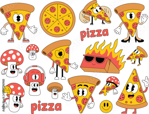 Colorful cartoon pizza slices and mushrooms with faces