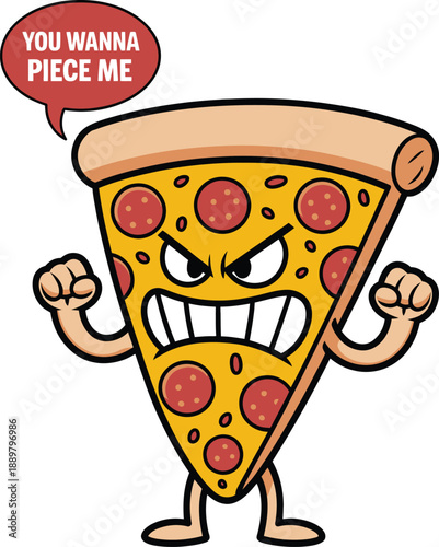 Angry pepperoni pizza slice with arms and fists