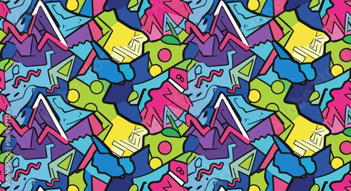 Vibrant abstract seamless pattern featuring chaotic geometric shapes and bright color palette for