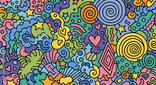 Vibrant psychedelic dreamscape pattern with stars, hearts, spirals and fluid shapes art