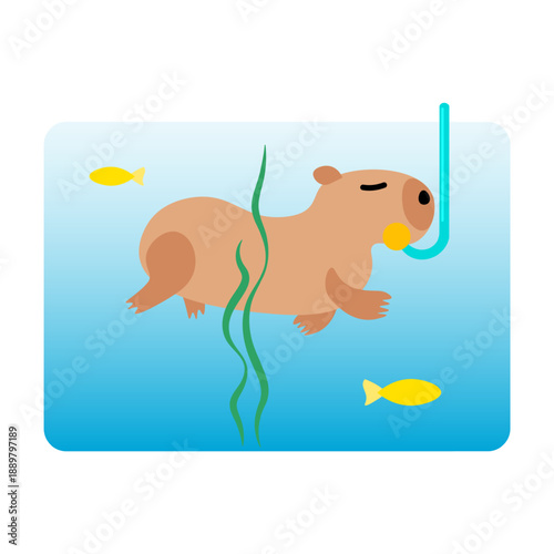 Capybara swims underwater with scuba diver snorkel. Swimmer swamp guinea pig rodent. Tropical swamp animal mammal. Flat cartoon vector isolated on white background