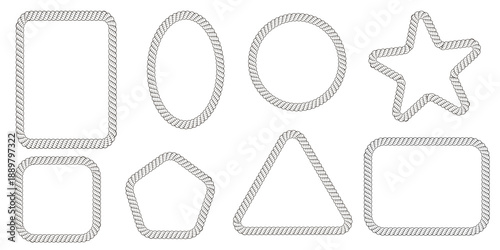 Set rope freames, flat vector, rope brush element. Circle, stsr, triangle